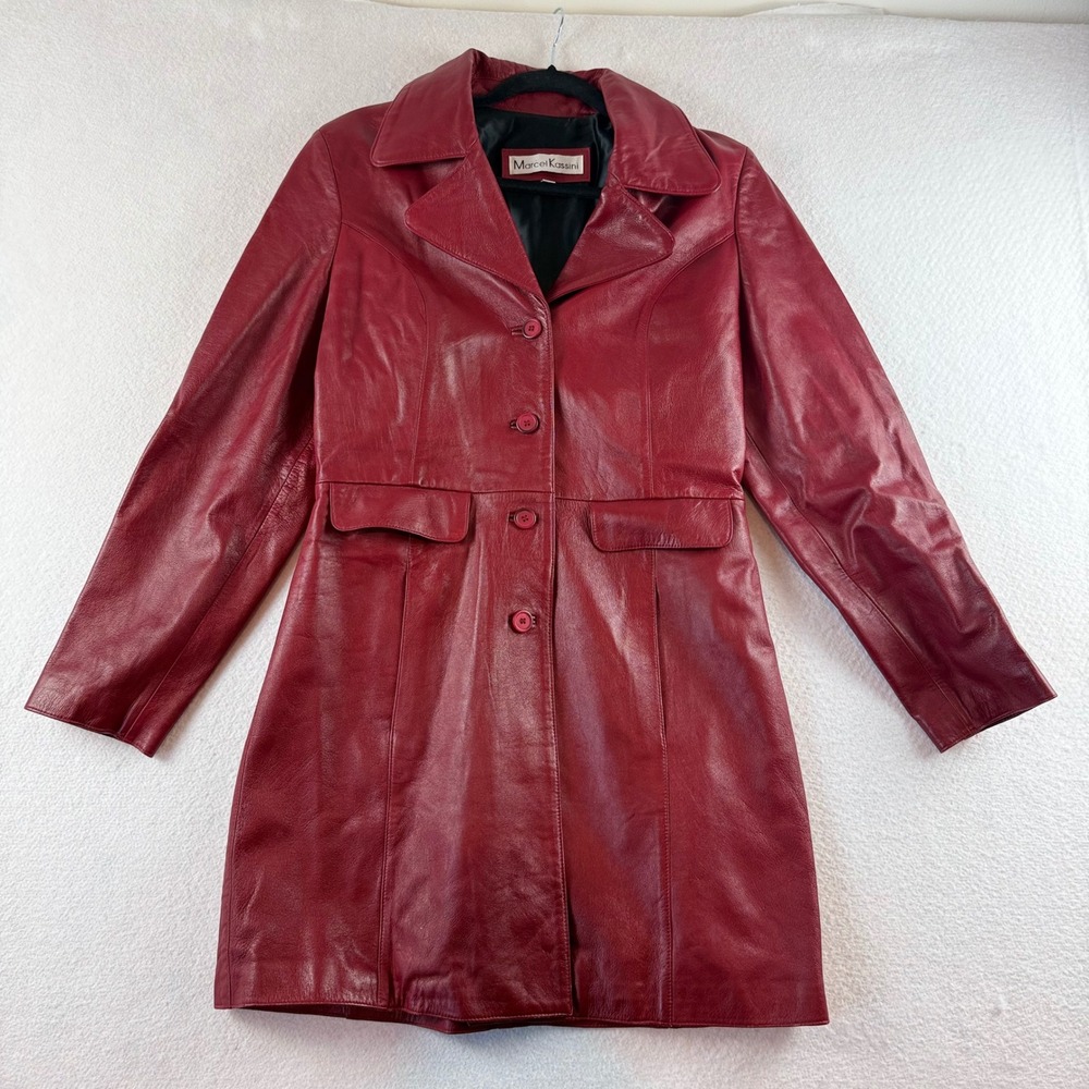 Marcel Kassini Vintage Red Leather Trench Coat Jacket Womens Medium Long Sleeve